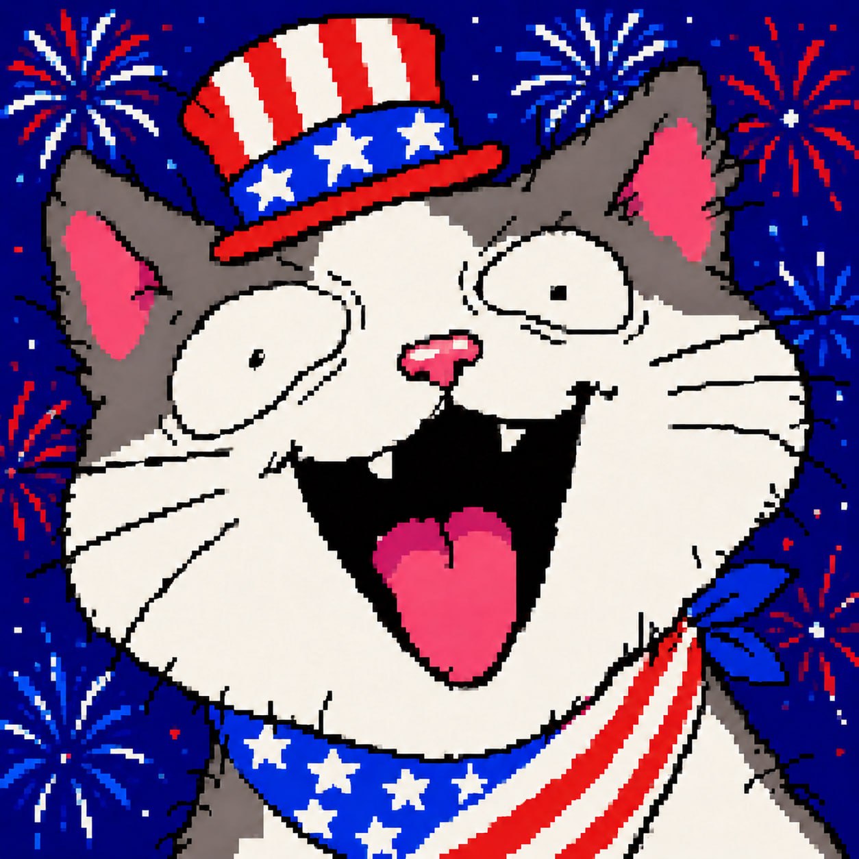 Pixel art cat in Uncle Sam hat with fireworks on blue background